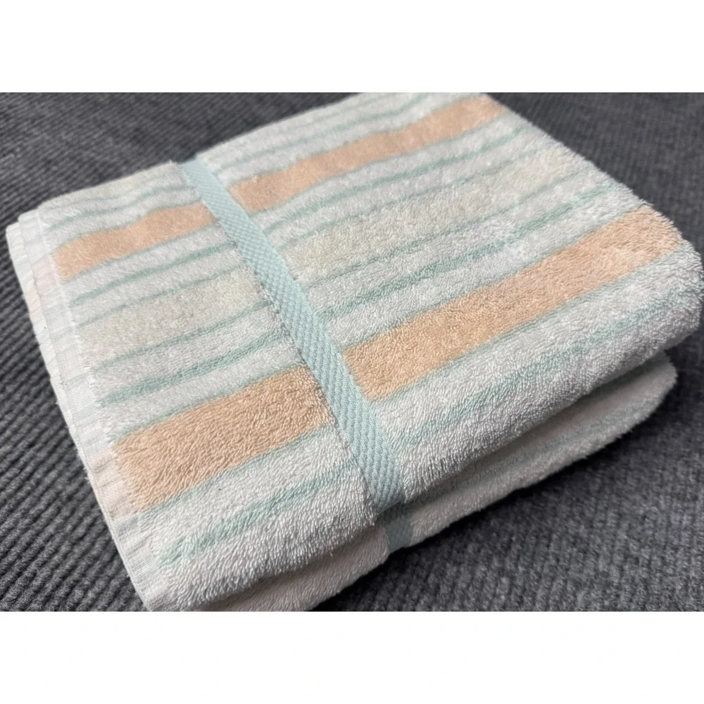 Vintage Cannon Embassy Bath Towel Set 24x45 Pastel Peach Mint Stripe USA Cotton